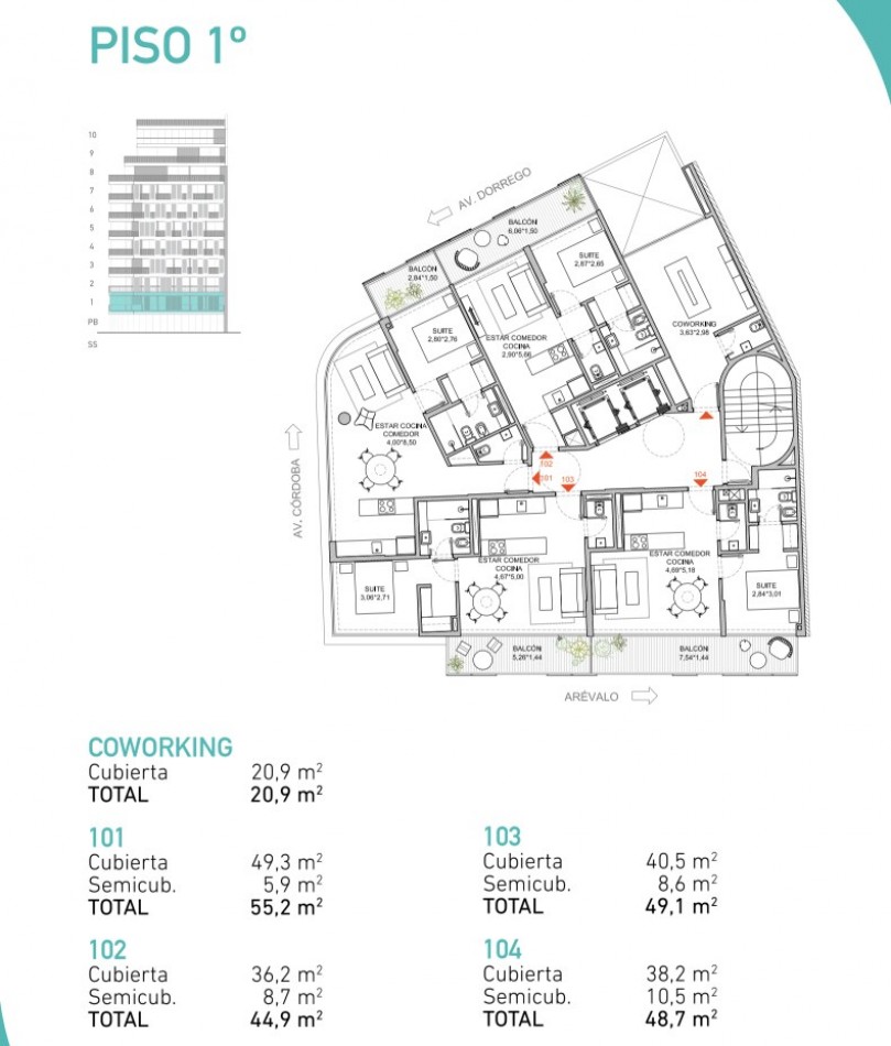 Departamento 2 ambientes a estrenar con balcon en Palermo Hollywood - Av. Dorrego al 1500 | 48 m², piso 1