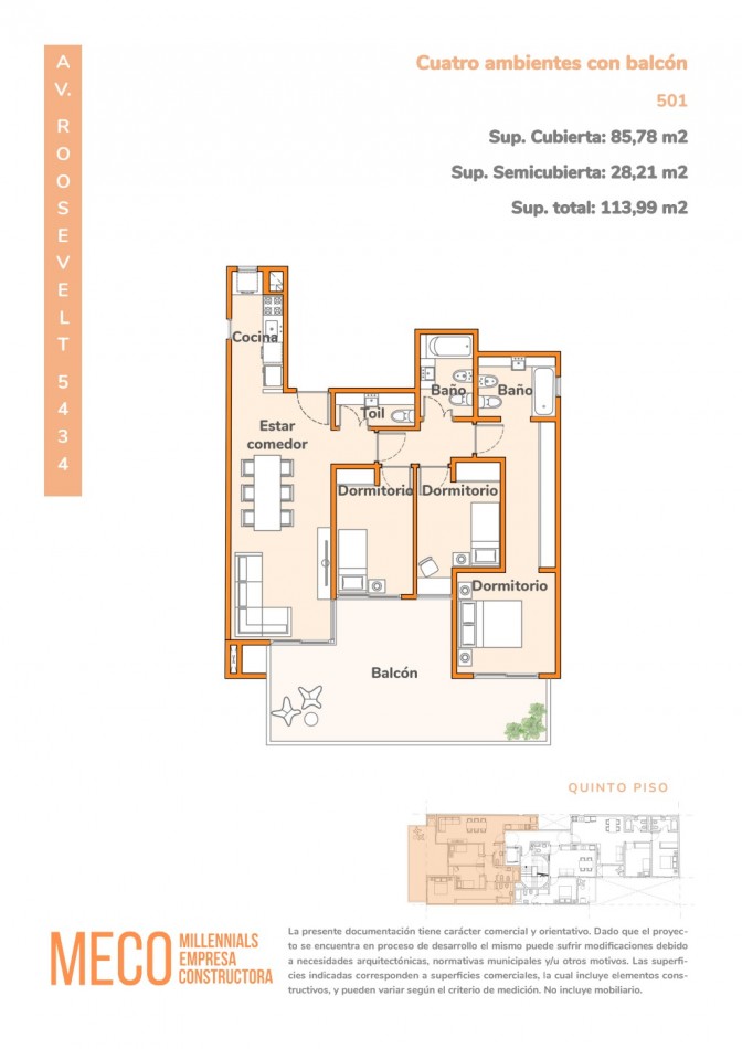 Departamento 4 ambientes en preventa con balcon en Villa Urquiza - Av. Roosevelt 5434 | 113,99 m², piso 5, 30 cuotas