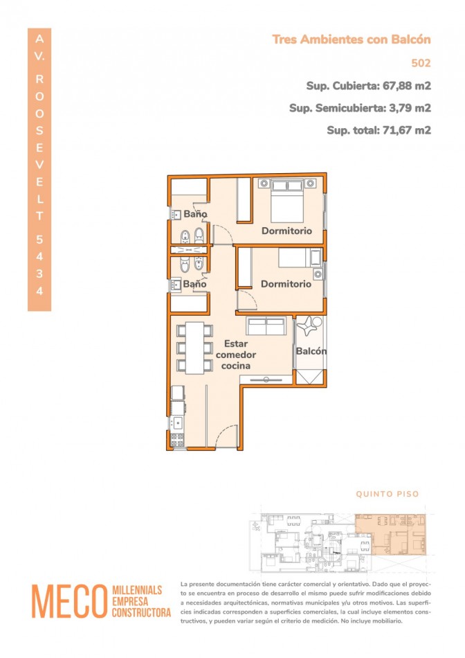 Departamento 3 ambientes en preventa en Villa Urquiza - Av. Roosevelt 5434 | 71,67 m², piso 5, 30 cuotas