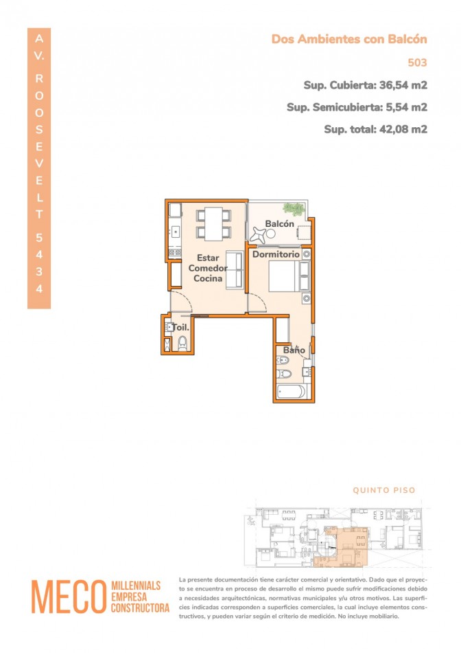 Departamento 2 ambientes en preventa con balcon en Villa Urquiza - Av. Roosevelt 5434 | 42,08 m², piso 5, 30 cuotas