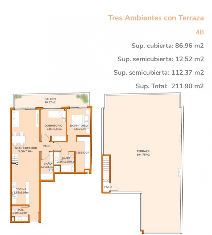 Departamento en venta en Palermo Soho 3 ambientes con terraza propia de 107 m²
